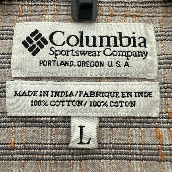 Columbia Shirt Mens Large Tan Plaid Short Sleeve Button Up Pocket Seersucker - Picture 2 of 7